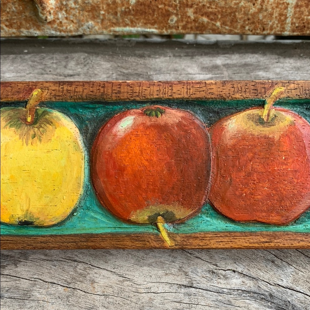 Vintage Carved Wooden Painted Apple Wall Art - Picture 5 of 12